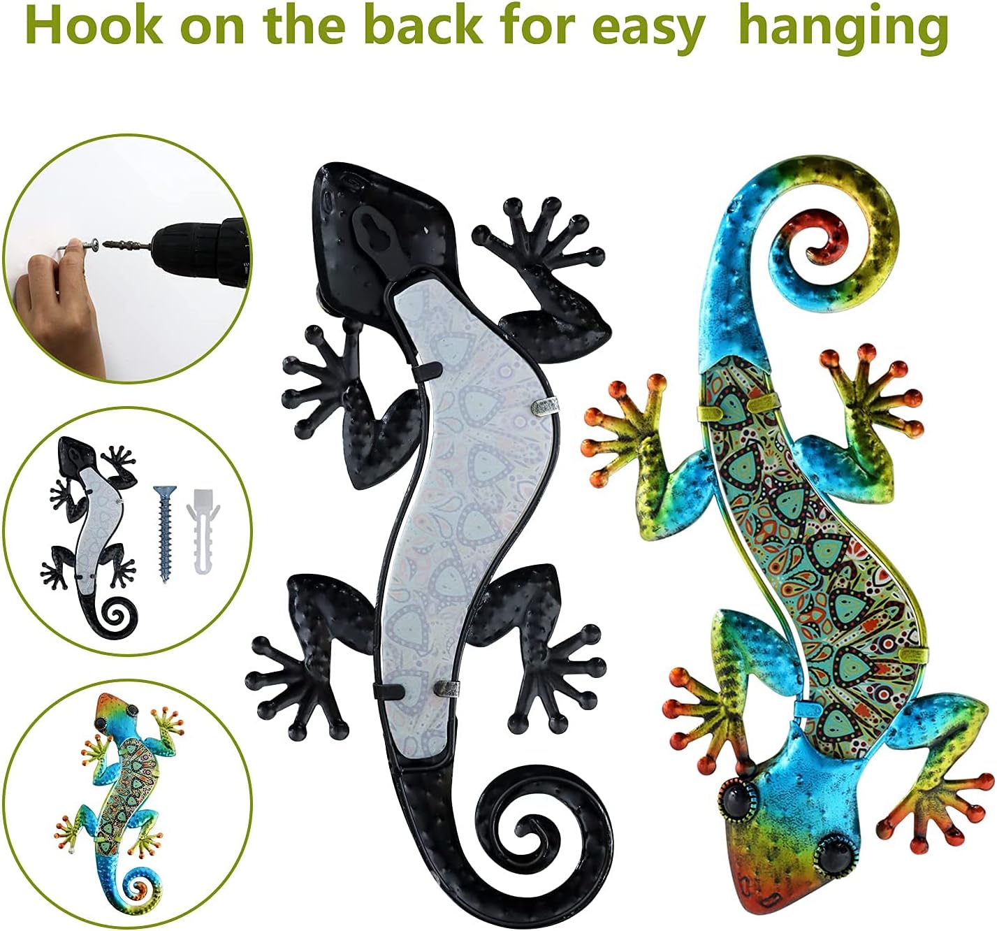 HONGLAND 2Pcs Metal Gecko Wall Decor Lizard Garden Art Color Hanging Glass Sculpture for Indoor Outdoor Patio Fence (Symphony)