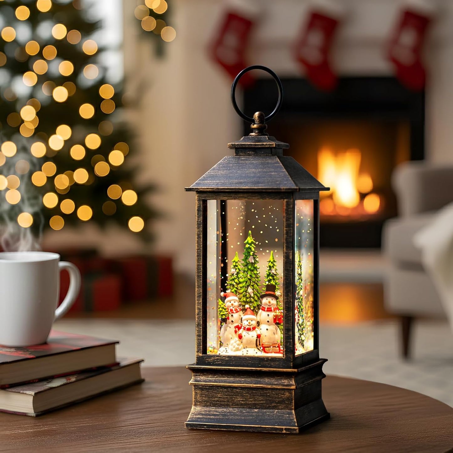 10'' Musical Snow Globe Lantern Lighted Snowman Family Water Lantern Swirling Glittering Home Decoration and Gift, Battery Operated or USB Powered