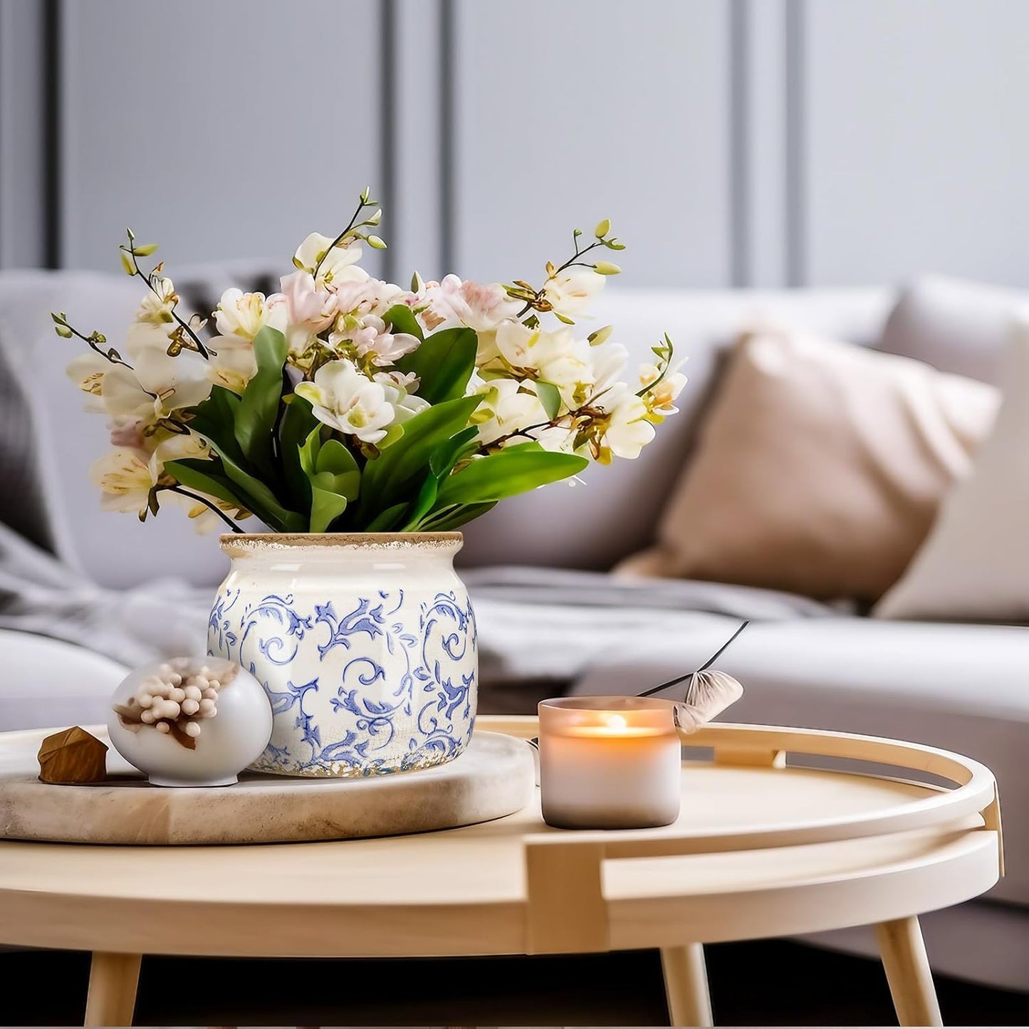 1 Pcs Vintage Planter Large Ceramic Plants Pot Blue Chinoiserie Crack Cottage Scroll Vase Flower Vase Pot Indoor Plants Home Kitchen Decor Farmhouse Antique Decorative Gift