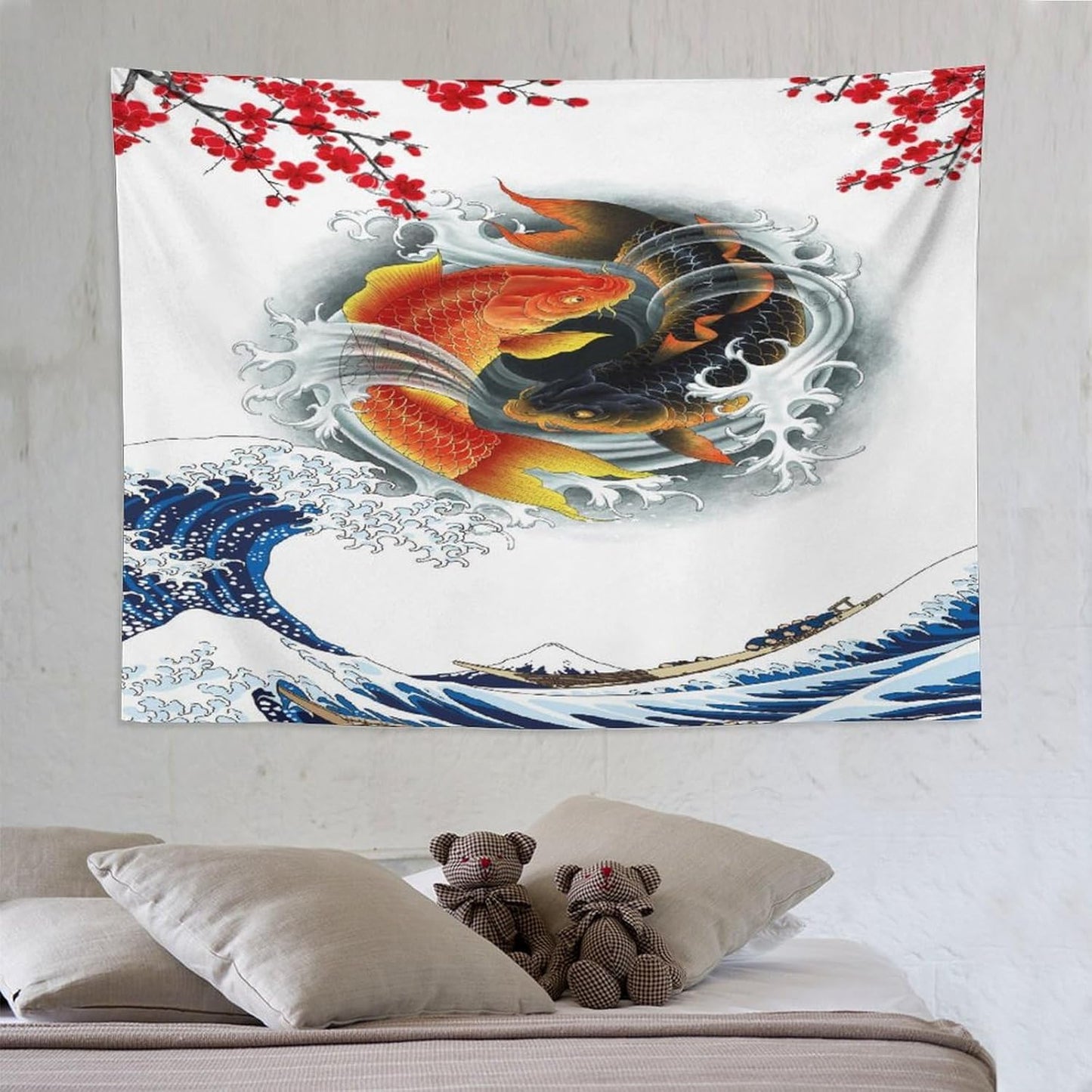 Houselerax Koi Fish Tapestry, Japanese Style Yin Yang Big Wave Cherry Blossoms Tapestries Wall Hanging for Bedroom Living Room Office Decor 80"x60"