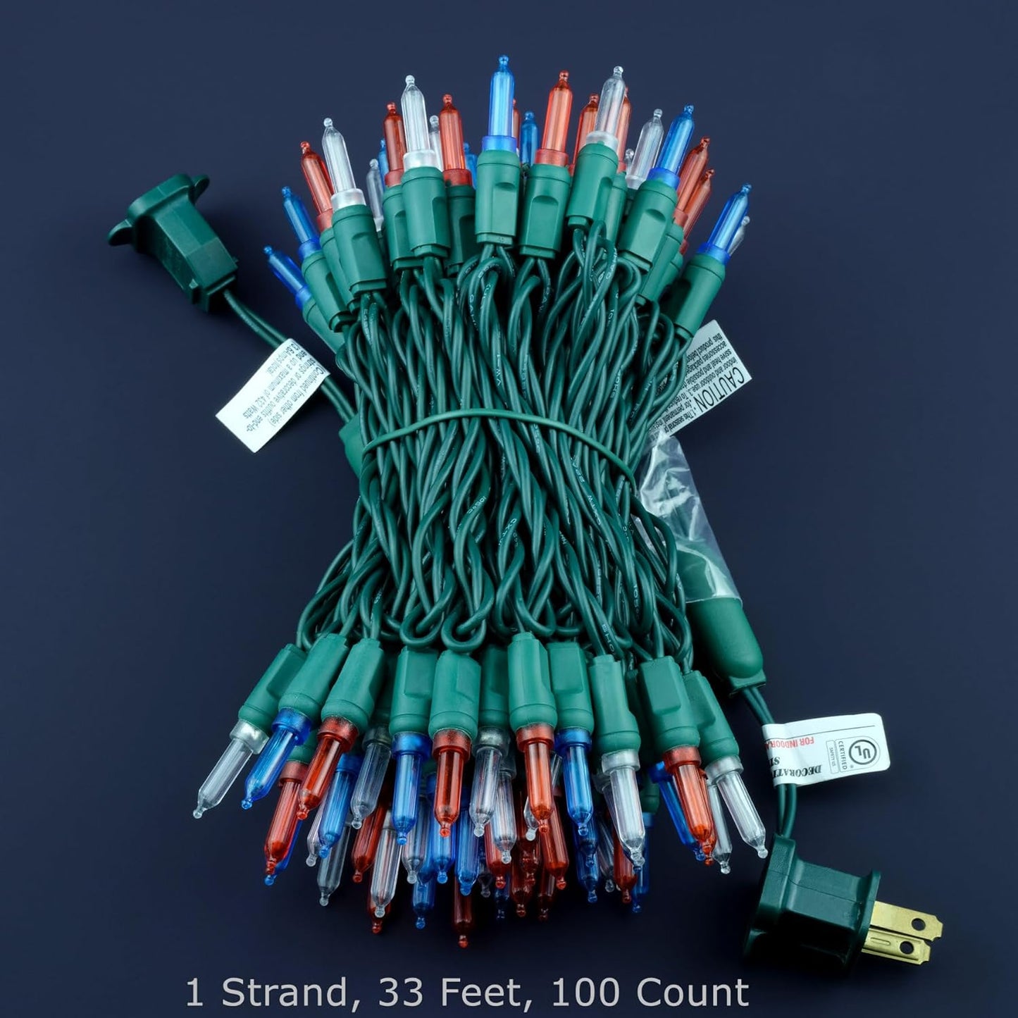 100 Red White Blue One-Piece LED Christmas Lights, 33 ft Green Cord High Waterproof UL Certified Patriotic Outdoor String Lights (Red White & Blue)