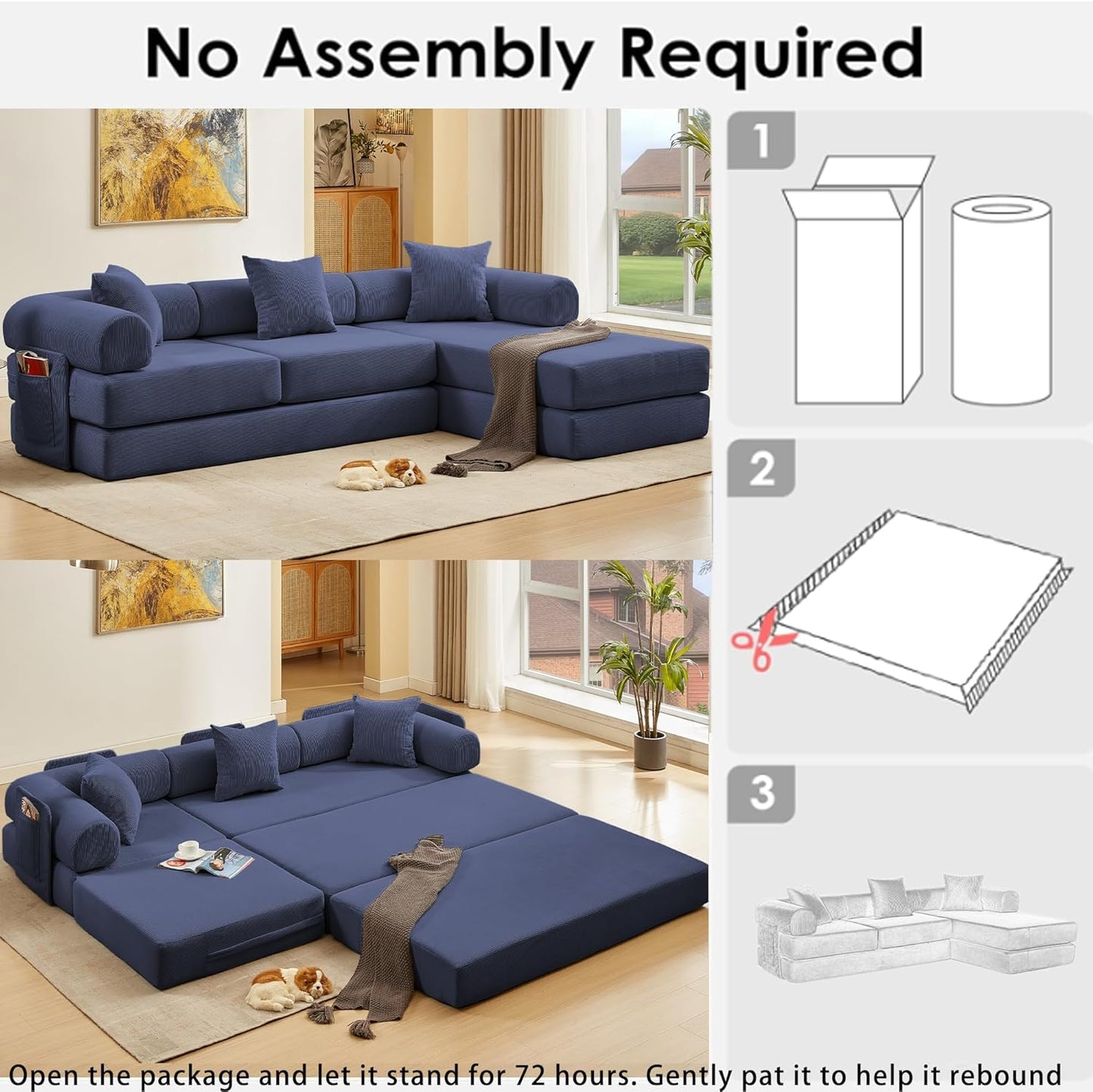 107" Oversized Convertible Sleeper Sofa Bed, Corduroy L Shape Sectional Couch, Folding Sofa Bed with Side Pocket, Modern Cloud Floor Mattress Couch,Modular Sofa for Living Room,Dark Blue