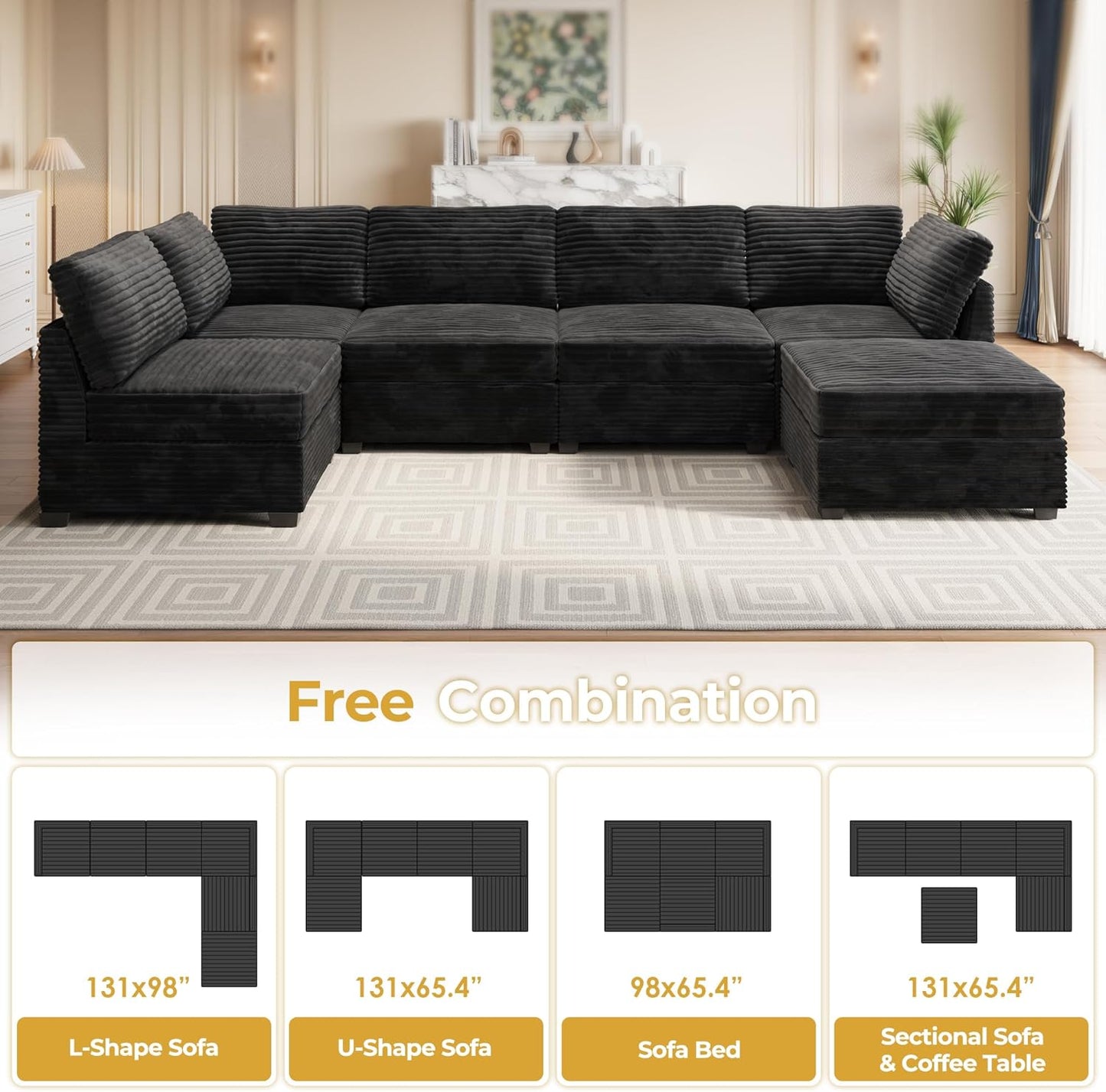 HOOOWOOO Modular Sectional Sofa,6 Pieces Sectional Couches for Living Room,98X98 L Shaped Cloud Couch with Ottoman Chaise Set(Black Velvet Corduroy)