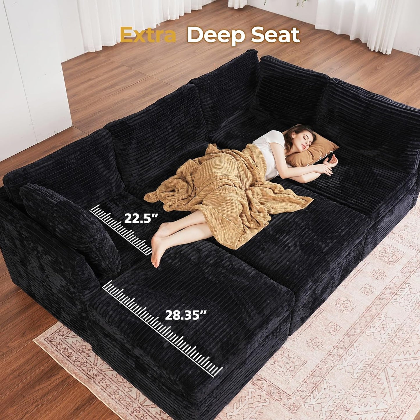 HOOOWOOO Modular Sectional Sofa,5 Pieces Sectional Couches for Living Room,131X66 L Shaped Cloud Couch Set(Black Velvet Corduroy)