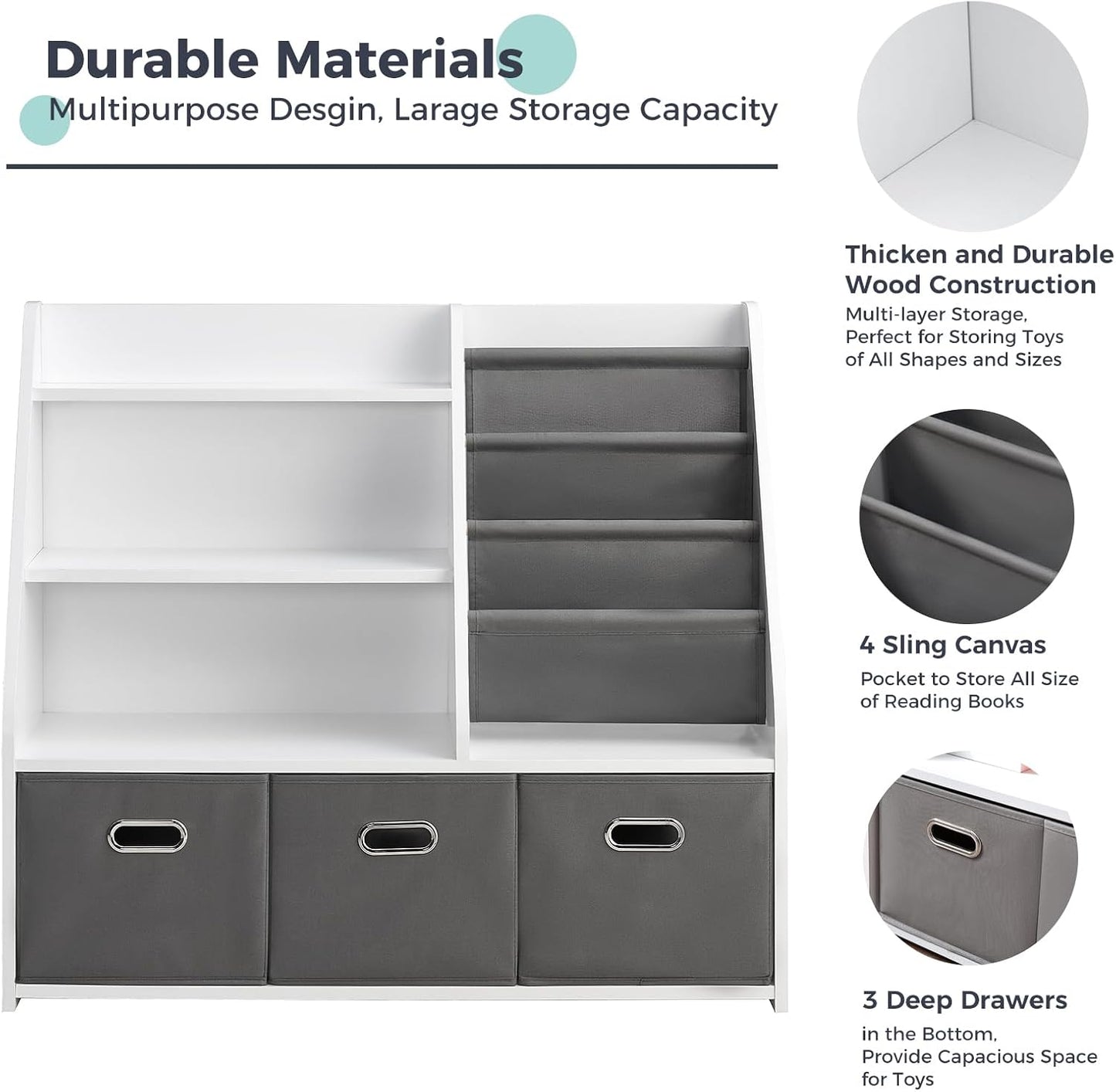 Kids Bookshelf, Kids Toy Storage Organizer with Storage Bins, Wooden Bookshelf and Book Display Shelf for Bedroom, Playroom, Nursery, Classroom, White