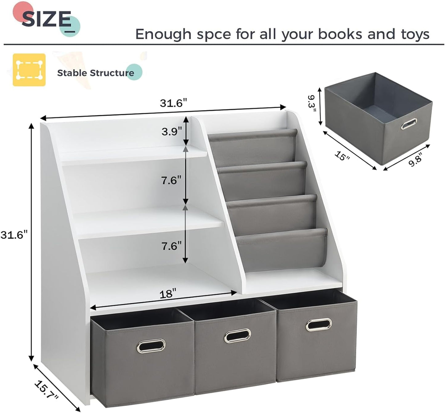 Kids Bookshelf, Kids Toy Storage Organizer with Storage Bins, Wooden Bookshelf and Book Display Shelf for Bedroom, Playroom, Nursery, Classroom, White