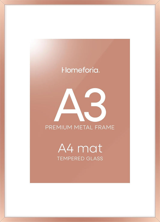 Homeforia A3 Picture Frame Rose Gold, High End Metal 11.7 x 16.5 inch Poster Frames with Mat 8.3 by 11.7 for Photo, A3 Size Frames Matted to A4 Print, 11.7x16.5 Hanging Frame, Tempered Glass, Set of 1