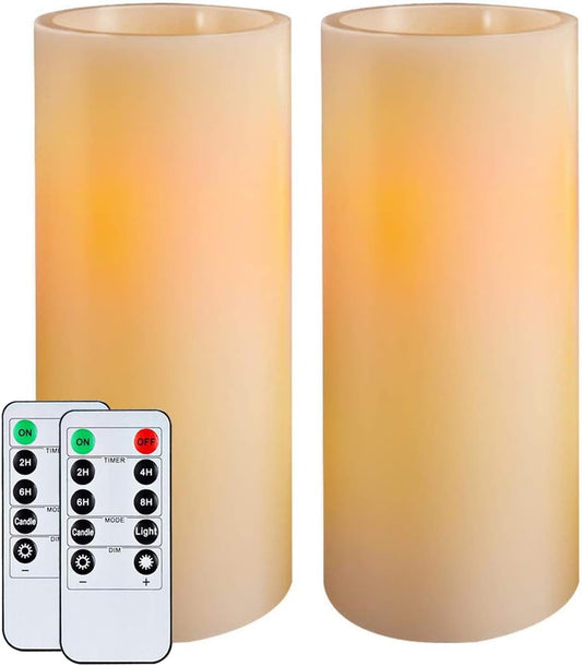 Homemory 9" x 3" Flameless Candles Battery Operated, Flickering LED Pillar Candles with Timers and 2 Remote Controls, Indoor Only, Flat Top, Ivory White Wax, Set of 2