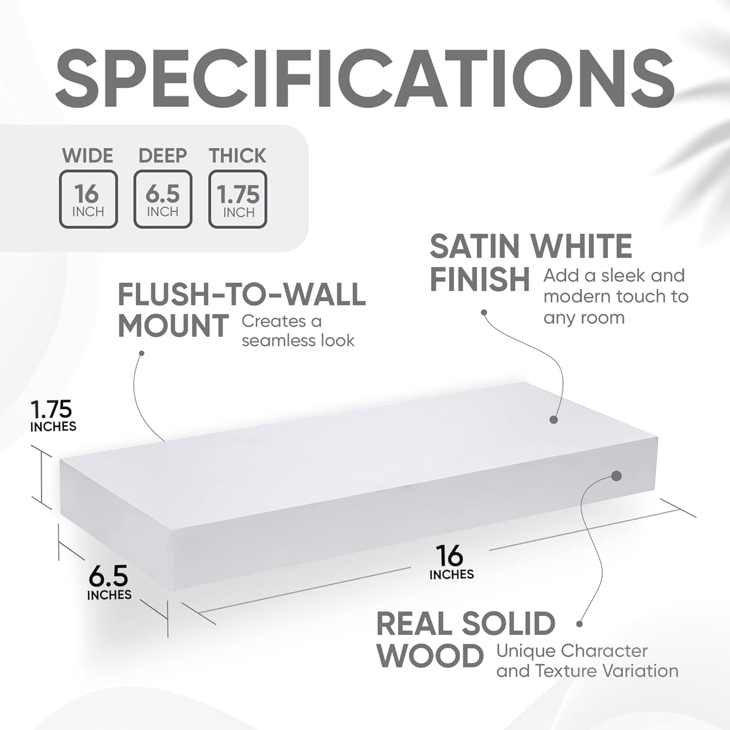 Homeforia White Floating Shelves 16 inch, High End Solid Real Wood 16inch Bathroom Floating Shelf for Wall Mounted, White Wooden 16 Floating Shelves, Heavy Duty Bracket, 16 X 6.5 X 1.75 inch, Set of 3