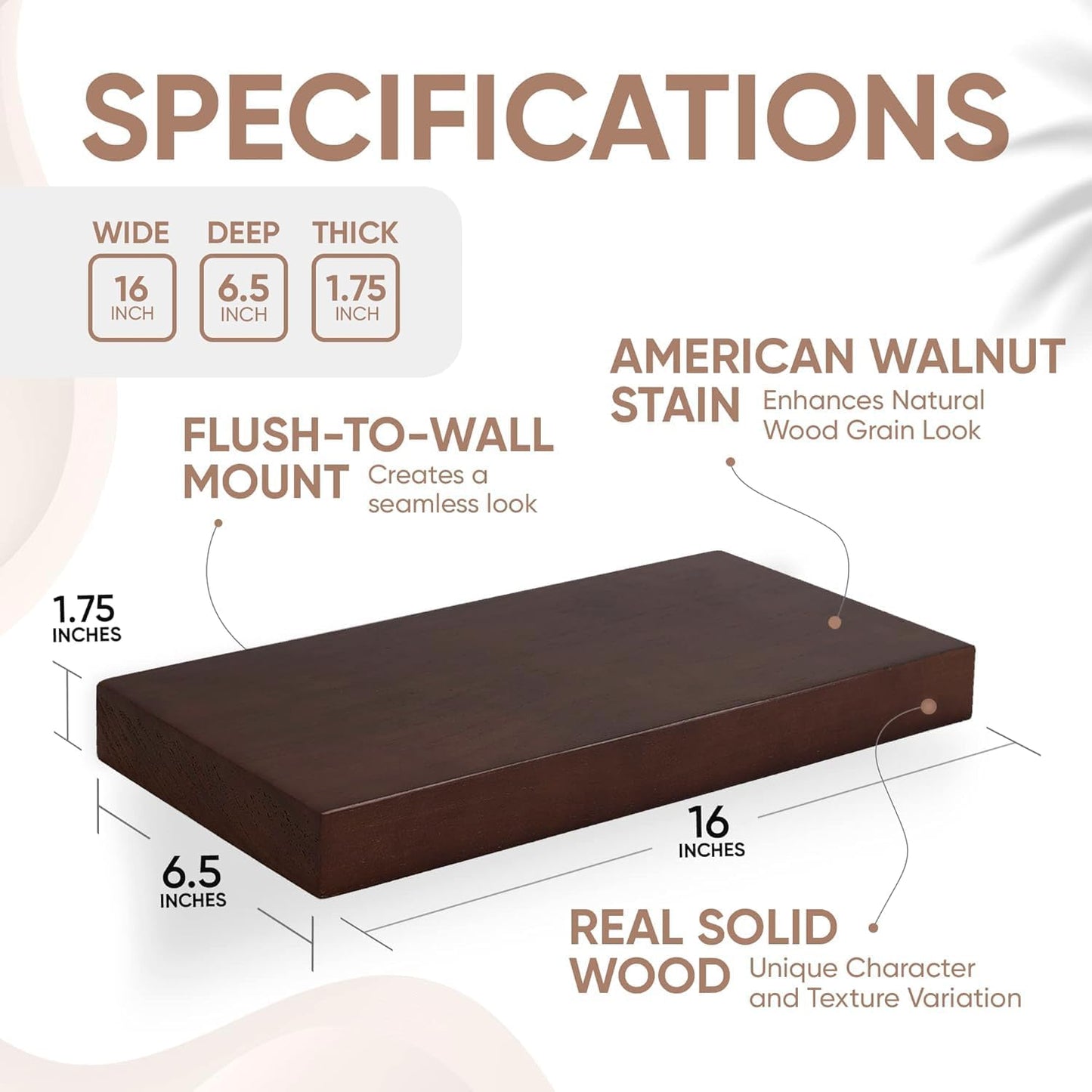 Homeforia Walnut Floating Bathroom Shelves, High End Solid Real Wood 16 inch Small Floating Shelf for Wall Mounted, Dark Brown 16inch Floating Shelves, Heavy Duty Bracket, 16 X 6.5 X 1.75 in, Set of 3