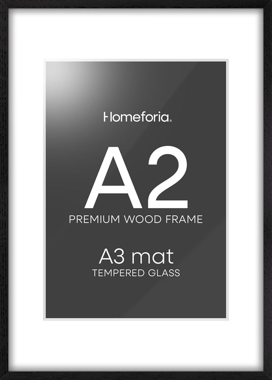 Homeforia A2 Black Wood Frame, High End Oak 16.5 x 23.4 Black Wooden Poster Frames Matted to 11.7 by 16.5 in Photo, A2 Size Wood Picture Frame with Mat A3 for Print, Tempered Glass, Wall Kit, Set of 1