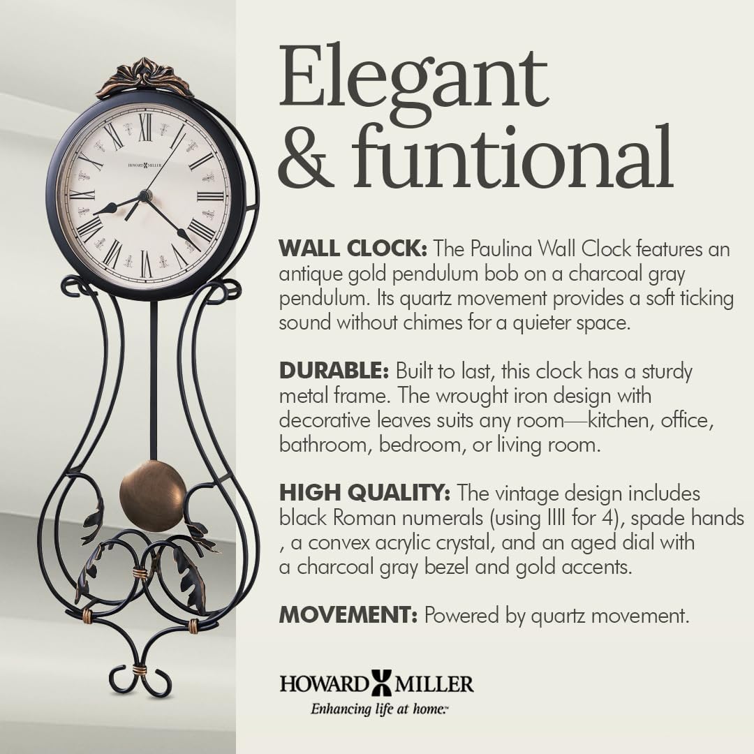 Howard Miller Paulina Wall Clock, Gray Finishes with Golden Pendulum & Quartz Movement, Classic Round White Dial with Roman Numeral Perfect for Home Decor, Living Room & Office Wall Mount