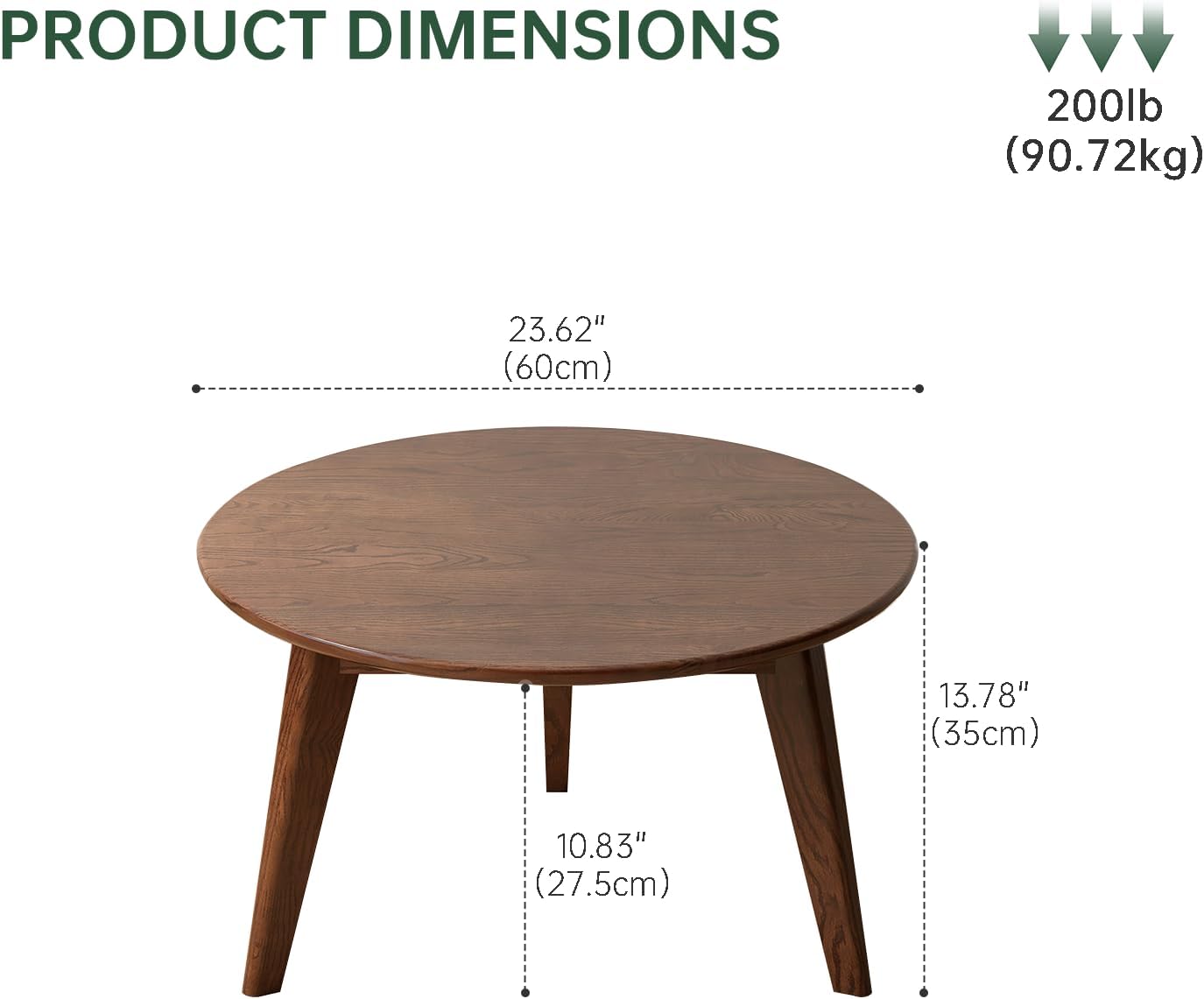 100% Solid Oak Wood Mini Coffee Table, Round Living Room Table Side Table w/Solid Wood Legs, Walnut Mid Century Sturdy Tables for Bedroom Balcony Living Room (23.62" D x 13.78" H)