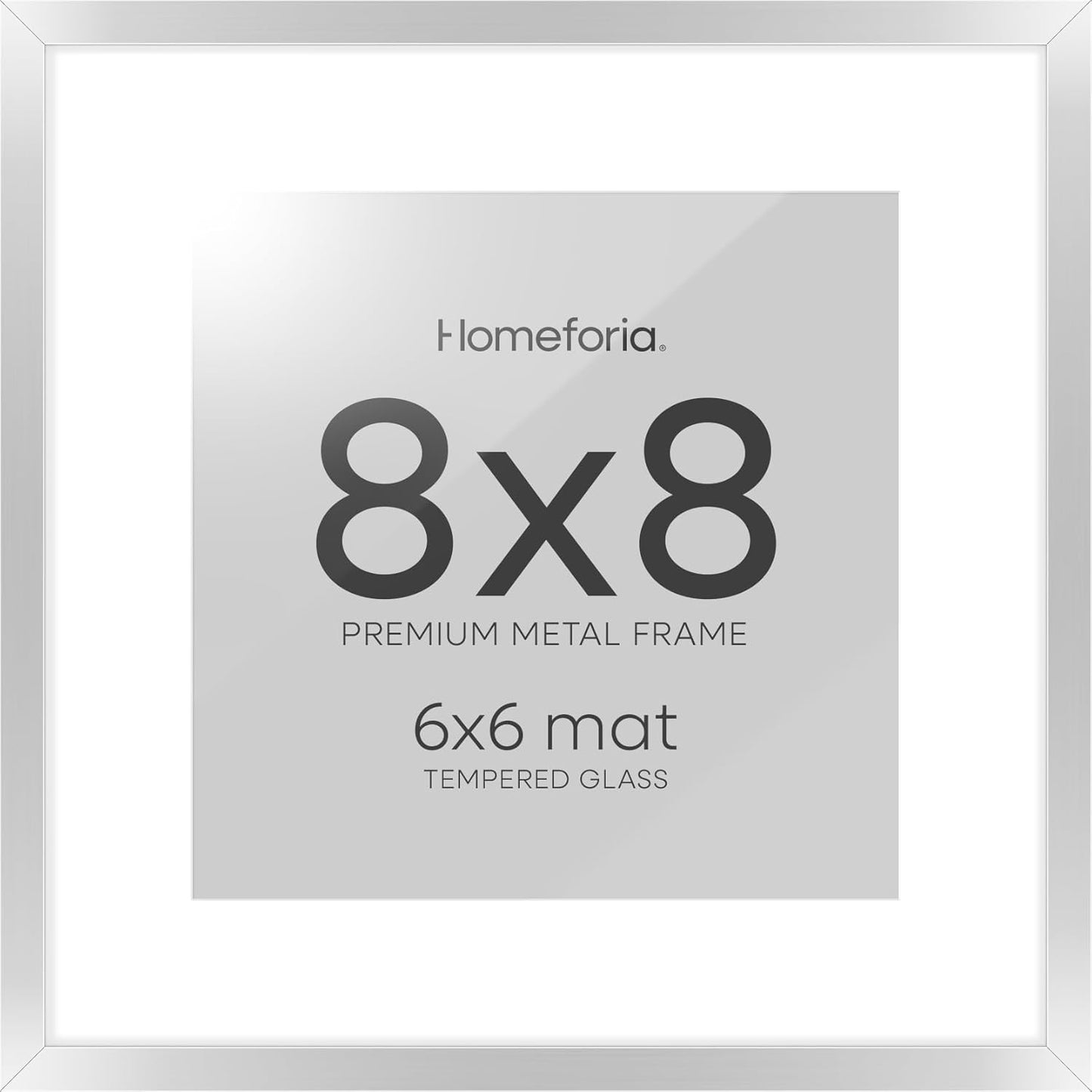 Homeforia 8x8 Silver Picture Frame, High End Metal 8 x 8 Square Frames with Mat 6 by 6 Photo, 8x8 Brass Frame Matted to 6x6 inch Print, 8by8 Wall or Tabletop Frames, Tempered Glass, Wall Kit, Set of 1
