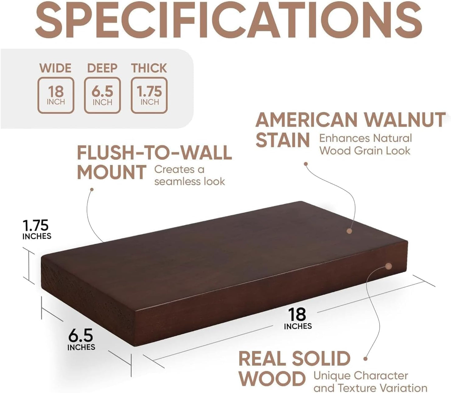 Homeforia Walnut 18 inch Floating Shelf, High End Solid Real Wood 18inch Floating Shelves for Wall Mounted, Dark Brown 18 inches Long Floating Shelves, Heavy Duty Bracket, 18 X 6.5 X 1.75 in, Set of 2