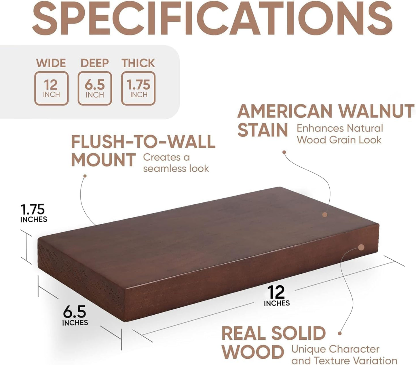 Homeforia Walnut 12 inch Floating Shelf, High End Solid Real Wood Small 12inch Floating Shelves for Wall Mounted, Dark Brown 12in Floating Shelves, Heavy Duty Bracket, 12 X 6.5 X 1.75 inches, Set of 4