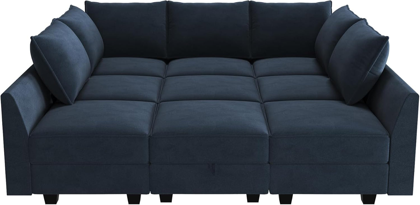HONBAY Sectional Sleeper Sofa Velvet Sectional Sleeper Couch with Storage Modular Sleeper Sectional Sofa Couch for Living Room,Dark Blue