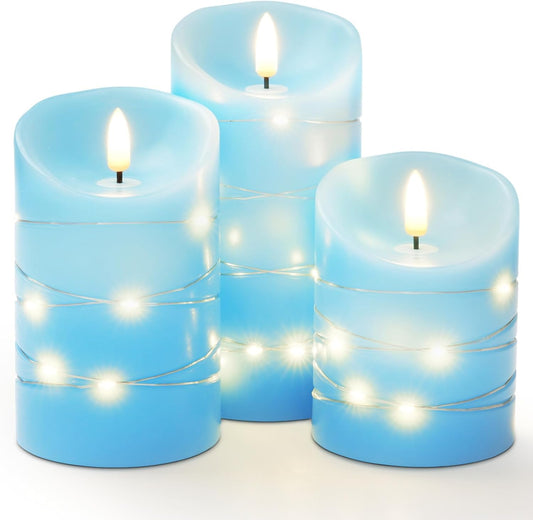 Homemory Flameless Candles with String Lights, 3 Pack Embedded Fairy String Lights LED Candles, Electric Flickering Candles with Remote Control and Timer, Real Wax, Blue
