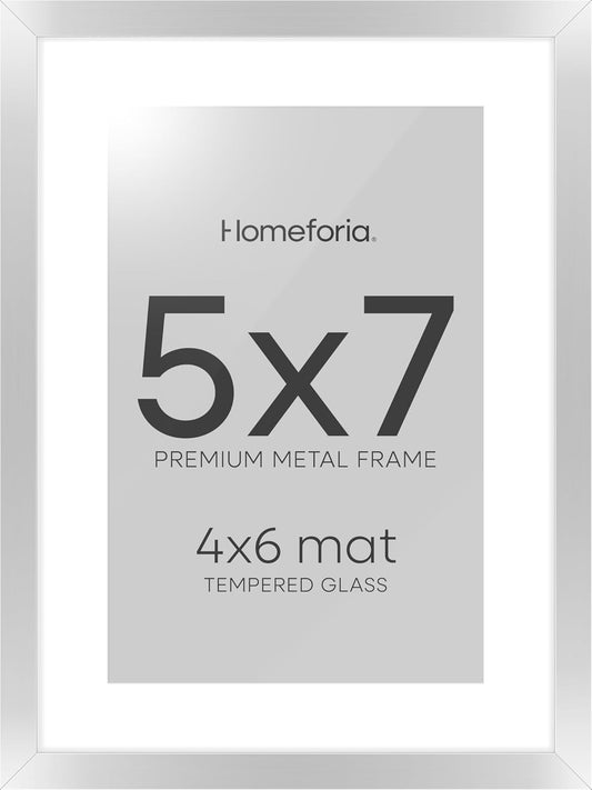 Homeforia 5x7 Picture Frame Silver, High End Metal 5 x 7 Silver Frames with Mat 4 x 6 Print, 5by7 Desk Frame Matted to 4x6 inch Photo, 5 by 7 Wall or Tabletop Frame, Tempered Glass, Wall Kit, Set of 1