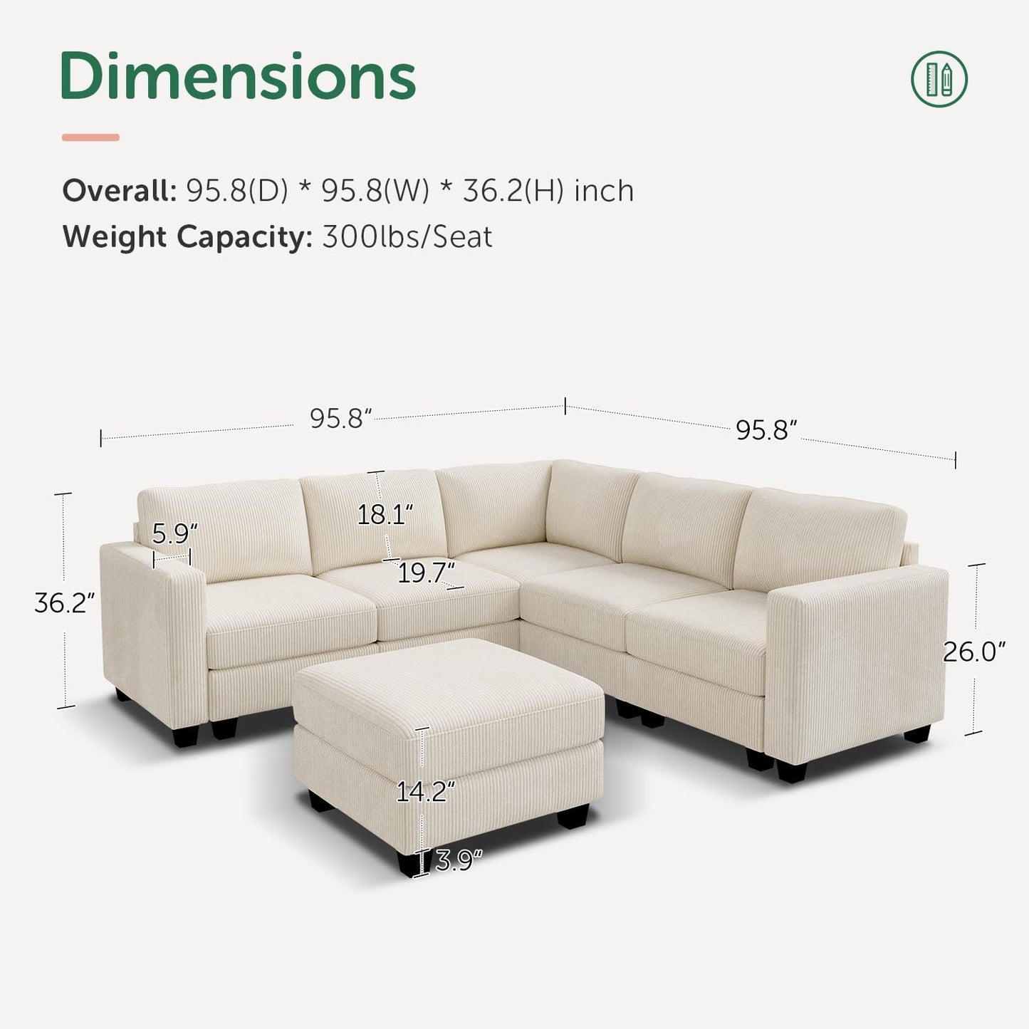 HONBAY Corduroy Modular Sectional Couch with Storage L-Shaped Sectional Couches for Living Room 6 Seater Modular Sectional Sofa, Beige