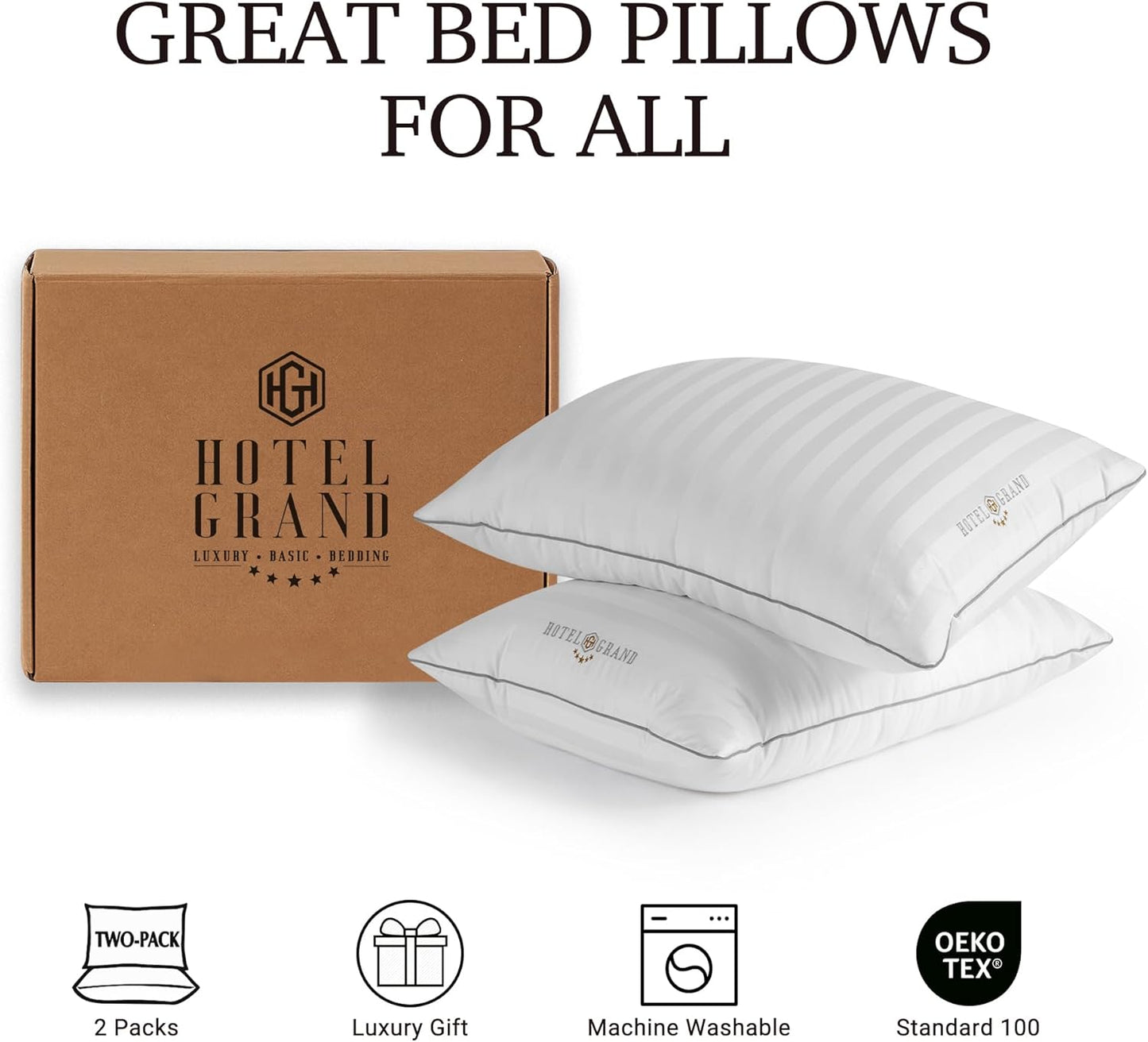 Hotel Grand Softy-Around Feather Down Pillows Standard Size Set of 2 Packs White Strip 100% Cotton Fabric Bed Pillows for All Position Sleepers,26"x20"/2 Packs