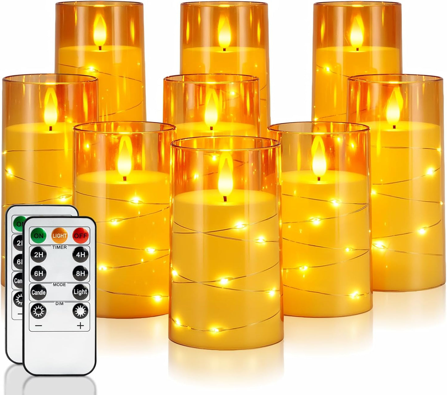 Homemory 9 Pcs Flameless Candles with Embedded Star String Fairy Lights, Battery Operated Candles, LED Candle, Fake Candles with Remote Control and Timer (Gold)