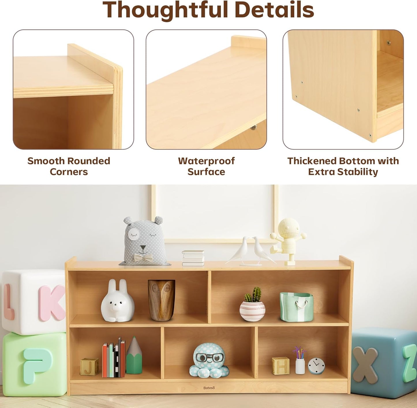 Toy Storage Organizer for Kids Room, Wooden Kids Bookshelf for Classroom, Cube Storage Organizer for Playroom, 5-Section Montessori Bookshelf & Toy Shelf for Nursery