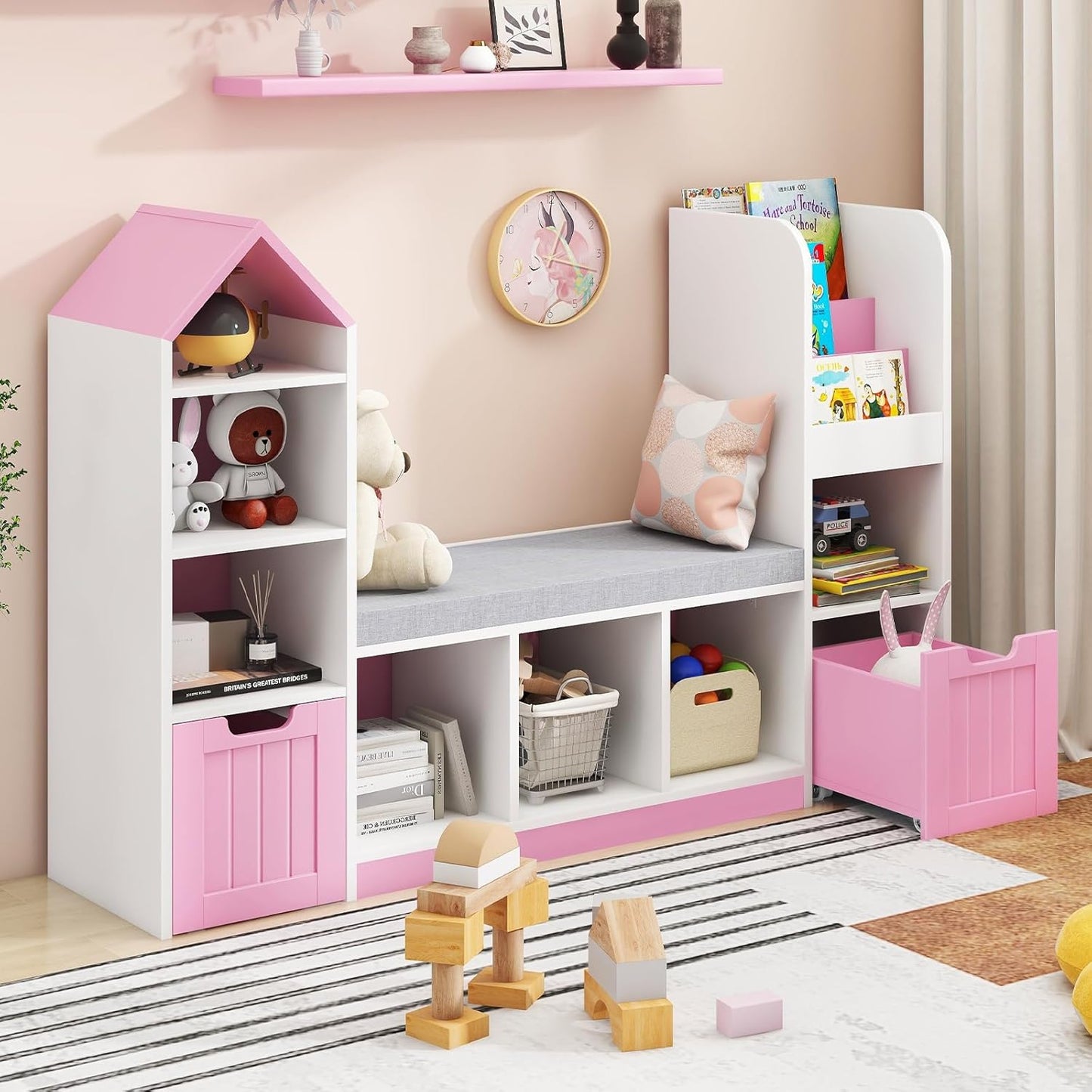 Toy Storage Organizer for Kids Bookshelf with Reading Nook, Multifunctional Kids Bookcase with 7 Storage Cubbies, 2 Movable Drawers and Seat Cushion for Keeping Kids' Toys Books Organized, Pink