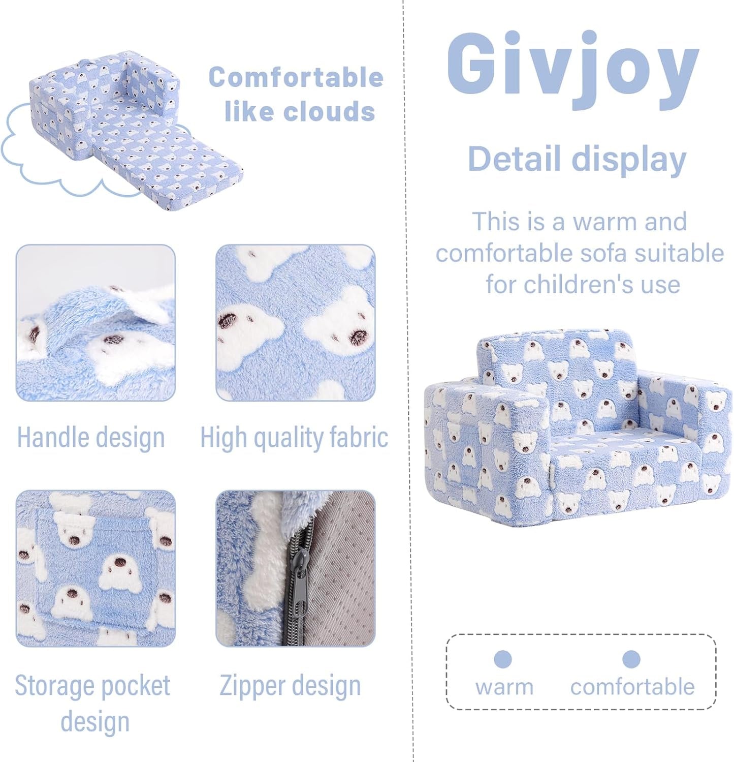 Toddler Chair Kids Couch, 2-in-1 Comfy Armchair with Removable and Washable Cover Carrying Handle, Convertible Reading Chair Toddler Couch for Girls and Boys