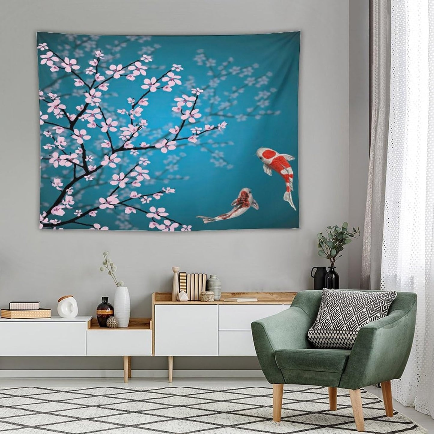 Houselerax Japanese Koi Fish Tapestry, Cherry Blossoms Asian Oriental Green Teal Flower Branch Koi Fish Carp Tapestries Wall Hanging for Bedroom Living Room Office Decor 80"x60"