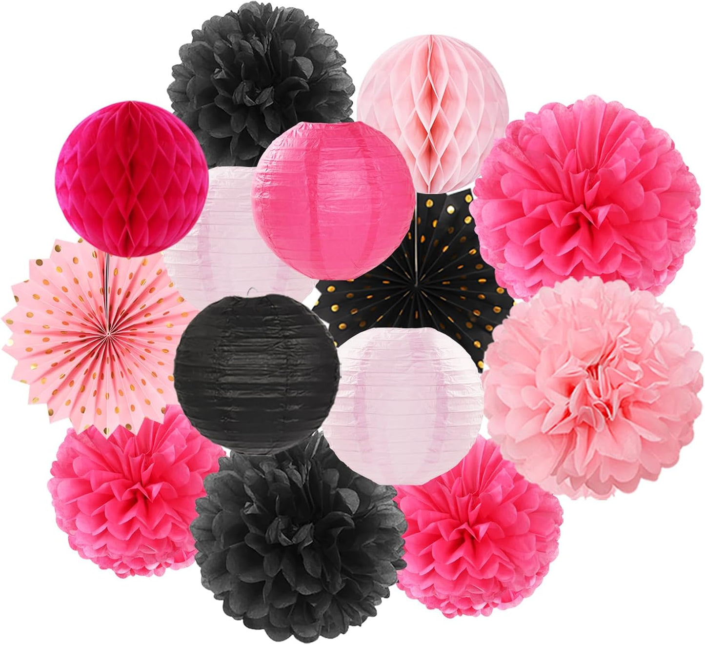 Hot-Pink Black Birthday Party-Decorations Streamers Lanterns - 14pcs Baby Girl Paper Honeycomb Fan,Tissue Pom Poms, Graduation Engagement Bachelorette Backdrop Decor Ouruola