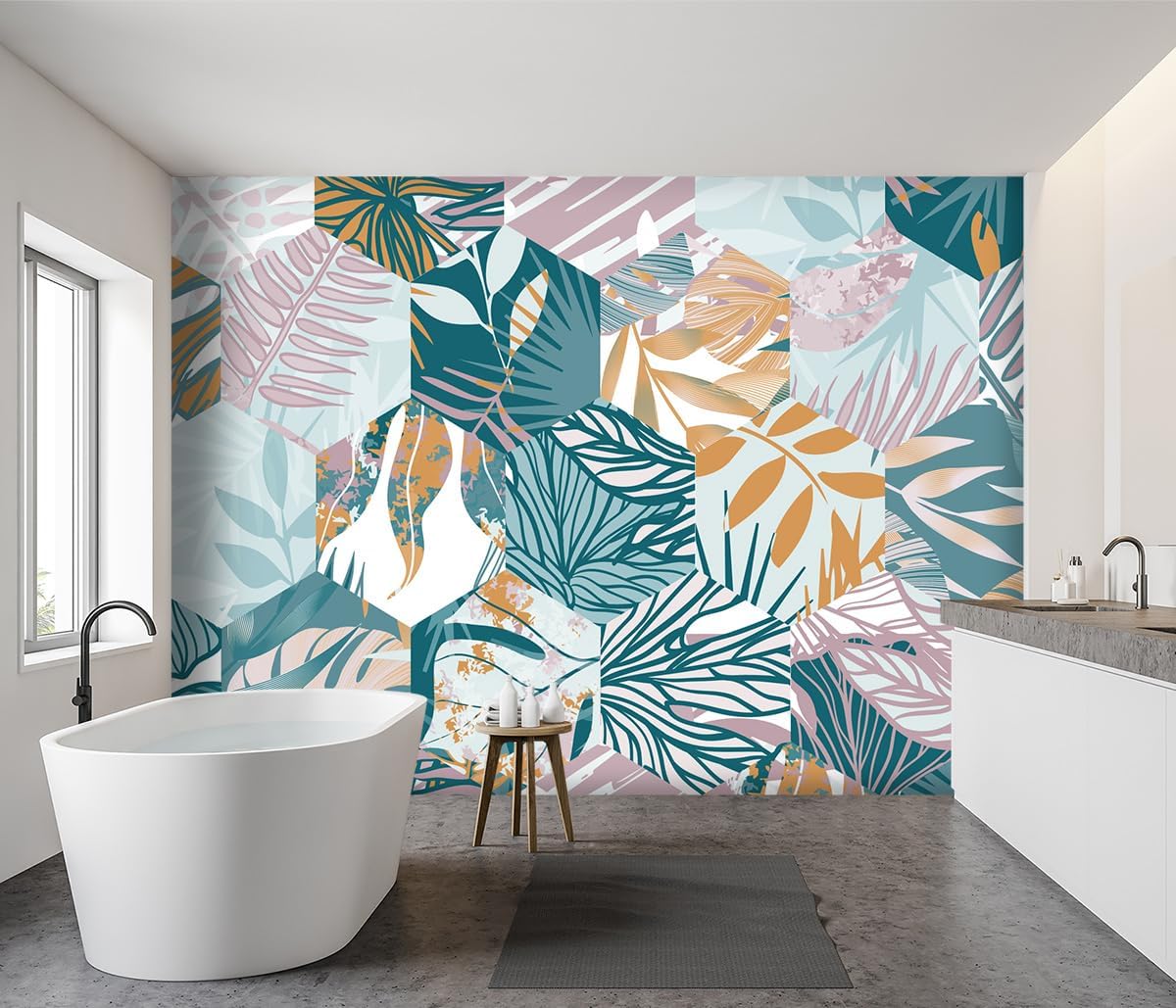 -Abstract Geometry Botanical Banana Leaf Fabric Wallpaper Living Room Bedroom Bathroom Tropical Plant Leaf Large Wall Mural- 137"x96"（ not Peel and Stick）