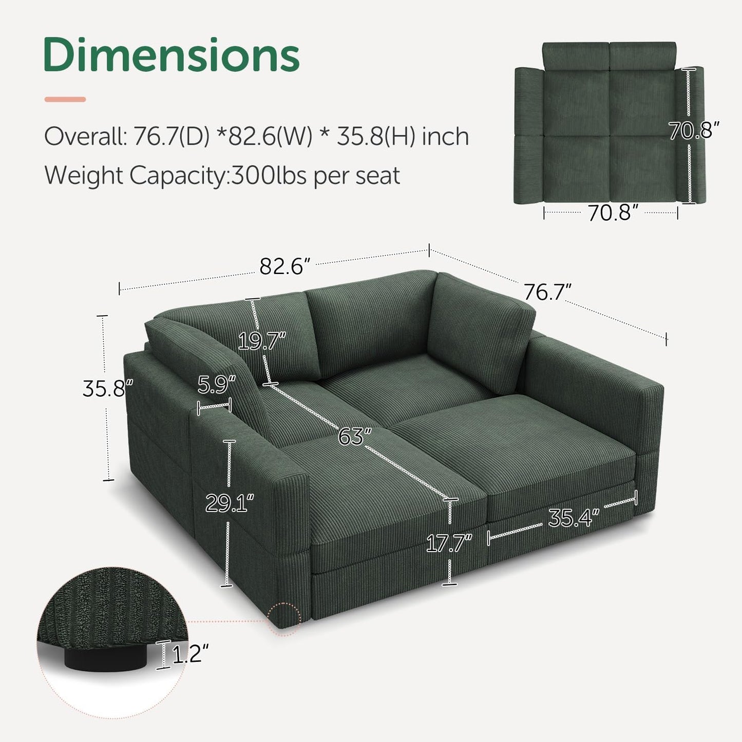 HONBAY Modular Sectional Couches with Storage Corduroy Sleeper Sofa Modular Sectional Couches for Living Room,Green