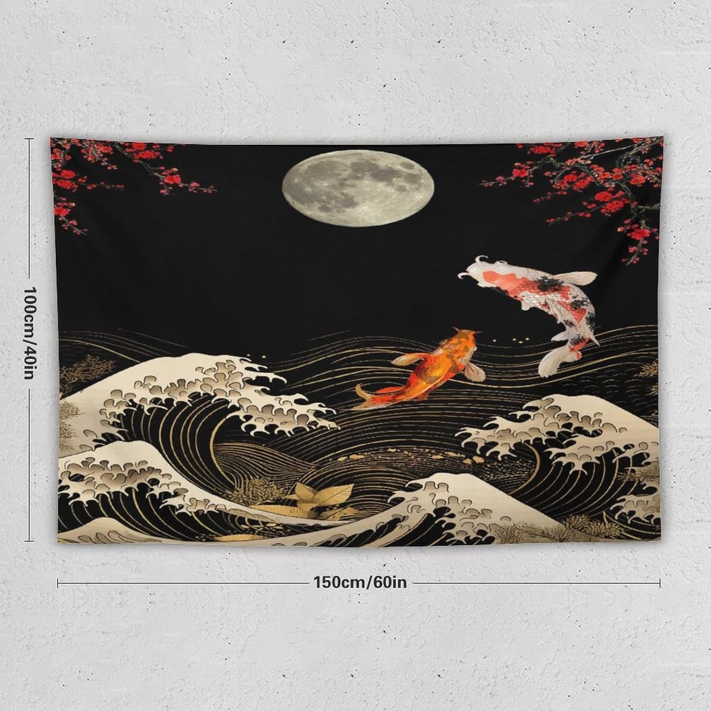 Houselerax Koi Fish Tapestry, Japanese Style Yin Yang Big Wave Cherry Blossom Tapestries Wall Hanging for Bedroom Living Room Office Decor 60"x40"