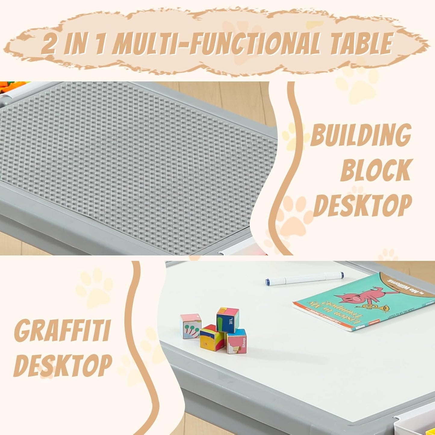 Multi Functional Kids Table and 2 Chairs Set, Graffiti & Building Blocks Double-Sided Tabletop, Toddler Play Table with Drawers, Large Storage Space, Gift for Boys/Girls, Gray