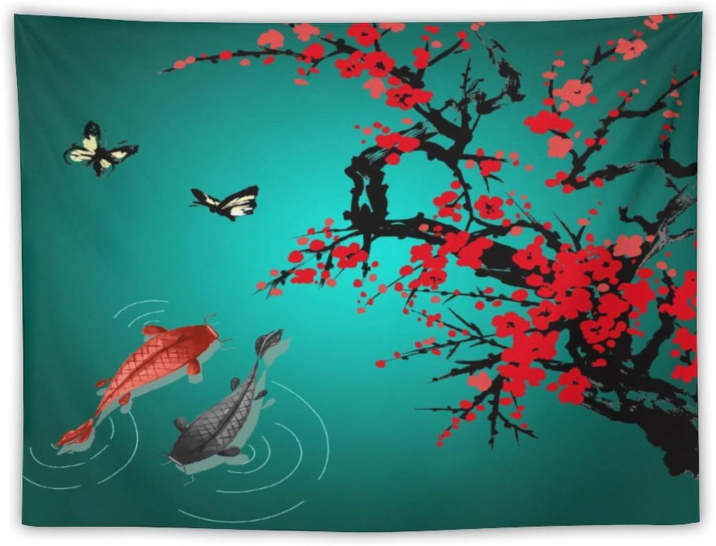 Houselerax Japanese Koi Fish Tapestry, Cherry Blossoms Asian Oriental Green Teal Floral Branch Koi Fish Carp Tapestries Wall Hanging for Bedroom Living Room Office Decor 90"x60"