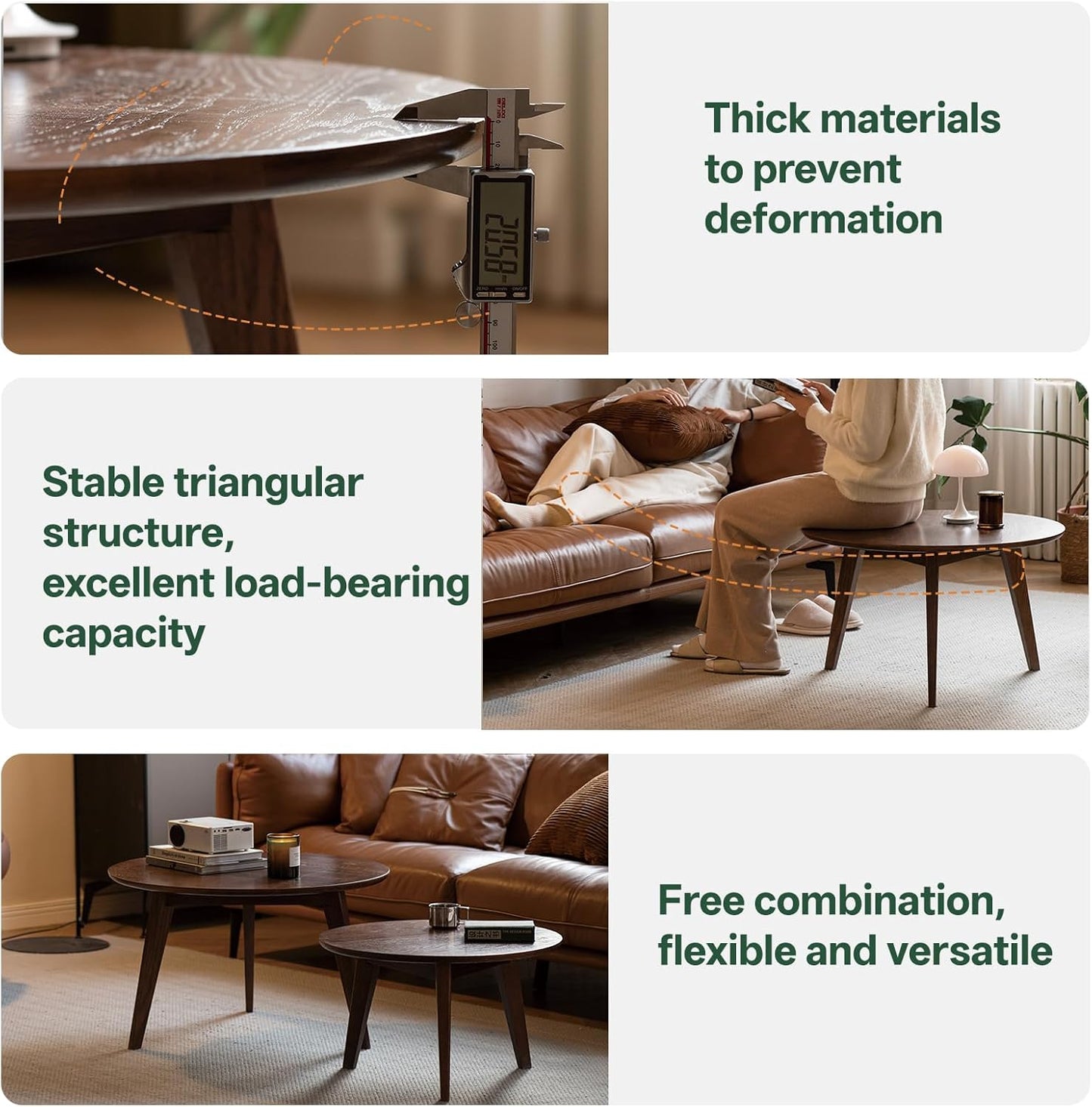 100% Solid Oak Wood Coffee Table Set, Round Coffee Table Combo Side Table w/Solid Wood Legs, Mid Century Table Sturdy Tables for Bedroom Balcony Living Room (Walnut, Big-Medium Combo)