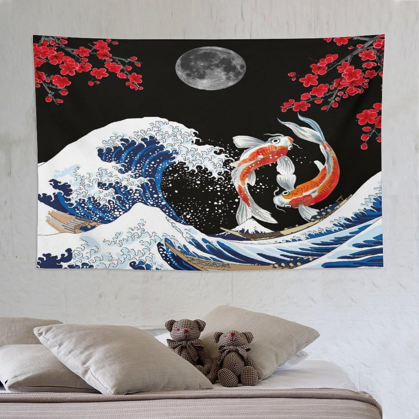 Houselerax Japanese Koi Fish Tapestry, Yin Yang Big Wave Red Cherry Blossom Tapestries Wall Hanging for Bedroom Living Room Office Decor 90"x60"