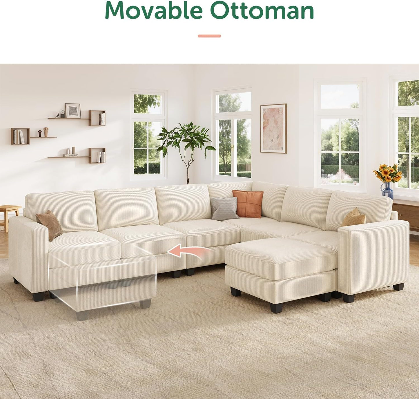 HONBAY U-Shaped Corduroy Sectional Couch with 6 Seaters Modular Sectional Sofa with Storage Ottoman Sectional Couches for Living Room, Beige