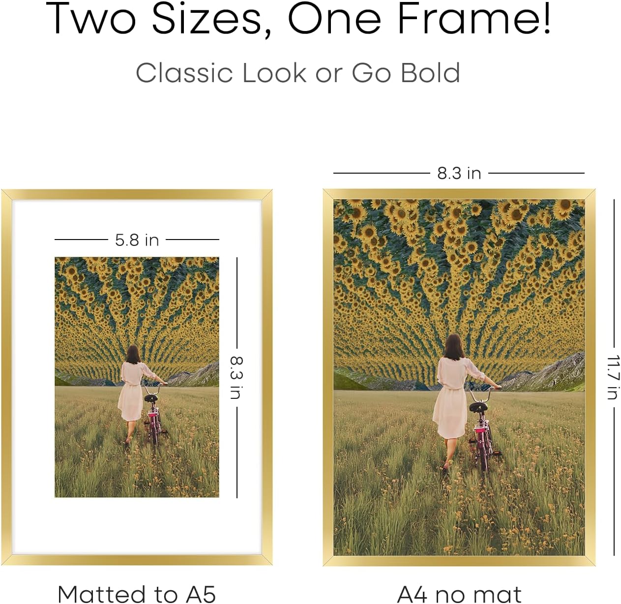 Homeforia A4 Gold Picture Frame, High End Metal 8.3 x 11.7 Frames for Wall or Tabletop, Gold A4 Certificate Frame with Mat A5, 8.3x11.7 Frames Matted to 5.8x8.3 Art, Tempered Glass, Wall Kit, Set of 1