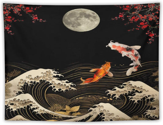 Houselerax Koi Fish Tapestry, Japanese Style Yin Yang Big Wave Cherry Blossom Tapestries Wall Hanging for Bedroom Living Room Office Decor 60"x40"