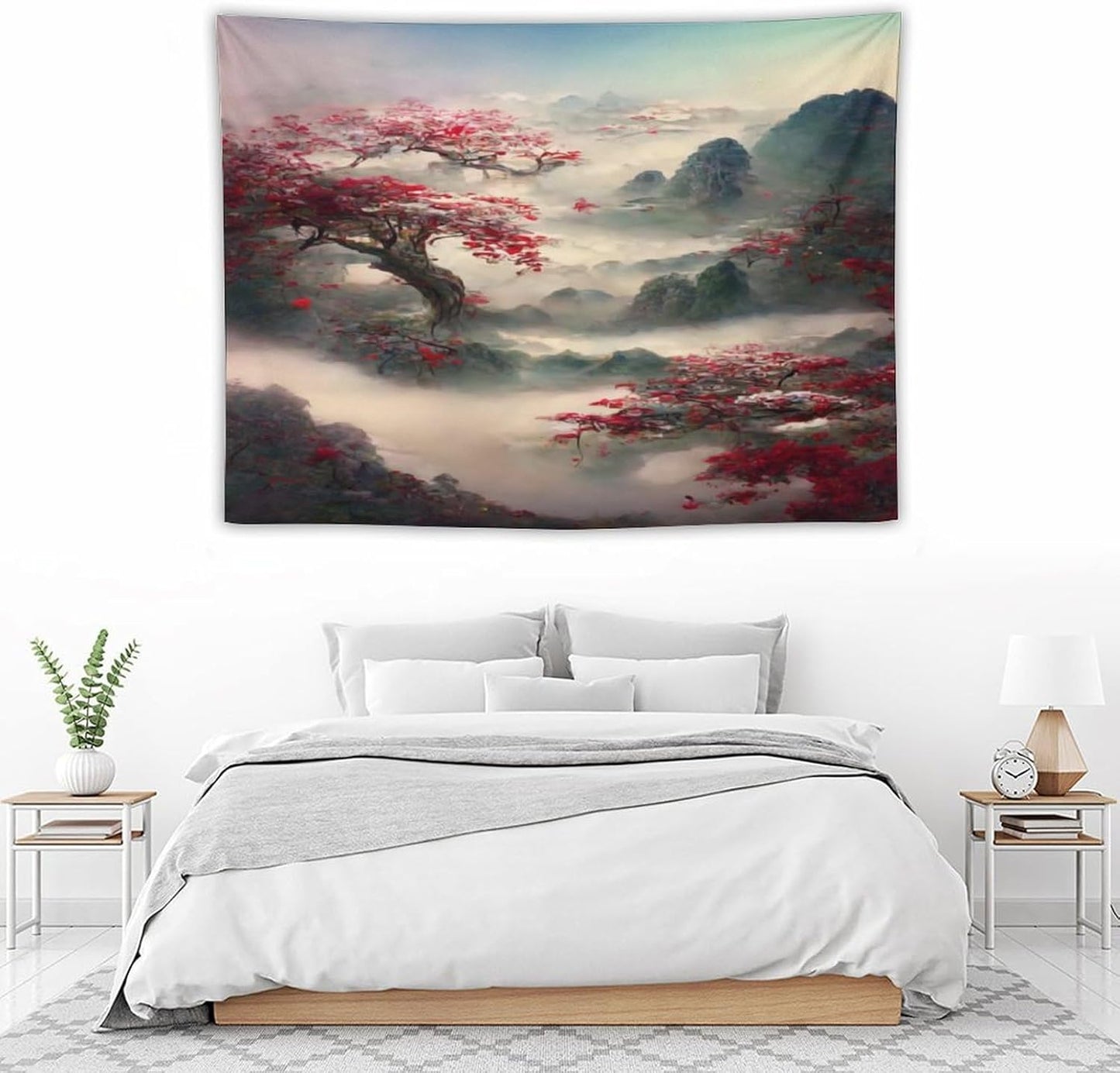 Houselerax Japanese Tapestry, Red Plum Cherry Blossom Mountain Tapestries, Asian Japanese Wall Decor, Nature Landscape Tapestries for Bedroom Living Room Decor 40"x30"