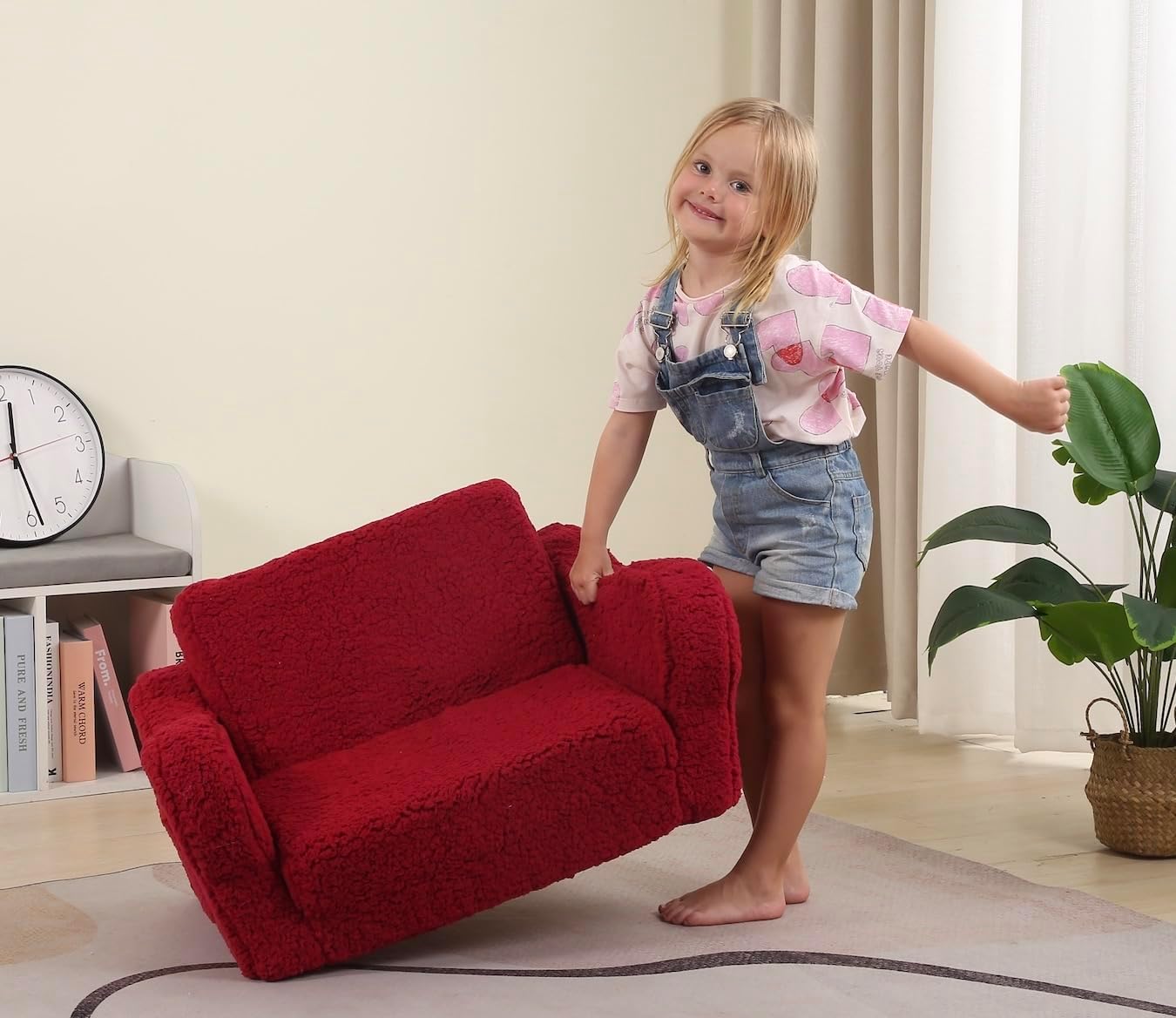 Kids Chairs for Toddler, 2-in-1 Toddler Soft Sherpa Couch Fold Out, Convertible Sofa to Lounger for Girls and Boys, Christmas Decor, Red