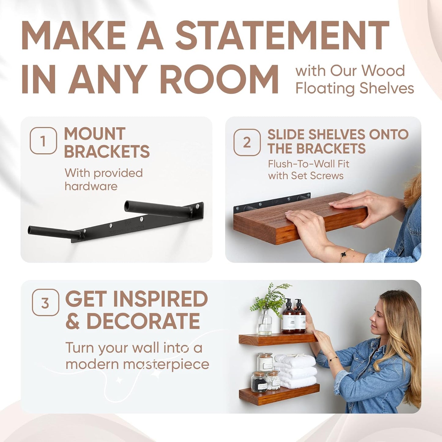 Homeforia 18 inch Floating Shelf Oak, High End Solid Real Wood 18inch Long Floating Shelves for Wall Mounted, Honey Oak Wooden 18in Floating Shelves, Heavy Duty Bracket, 18 X 6.5 X 1.75 inch, Set of 2