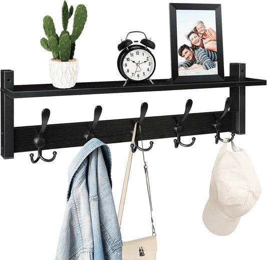 Homode Coat Rack with Shelf, 24" Coat Hooks Wall Mounted with Shelf, Wooden Hanging Coat Hanger with Tri Hooks for Entryway, Bathroom, Mudroom, Bedroom, Black