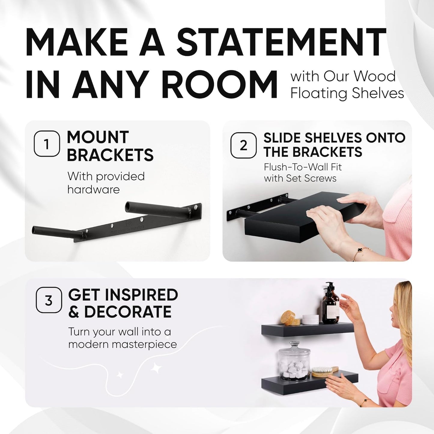 Homeforia Floating Shelf Black 12 inch, High End Solid Real Wood Small 12inch Floating Shelves for Wall Mounted, Black Wooden 12 in Floating Shelves, Heavy Duty Bracket, 12 X 6.5 X 1.75 inch, Set of 3