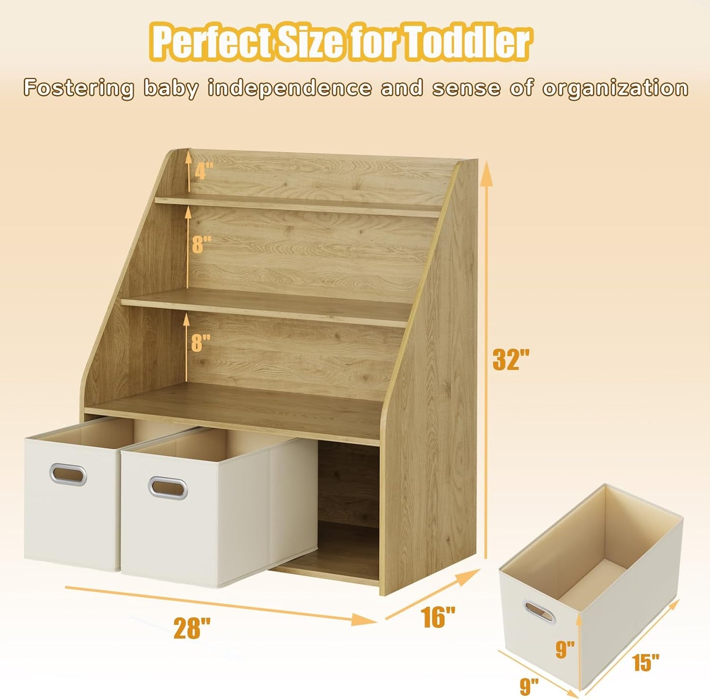 Kids Bookshelf and Toy Organizer, 3-Tier Toy Storage Organizer with 3 Movable Drawers, Montessori Toy Shelf, Nursery Book Shelves Toddler Bookshelf for Kids Room Living Room Nursery
