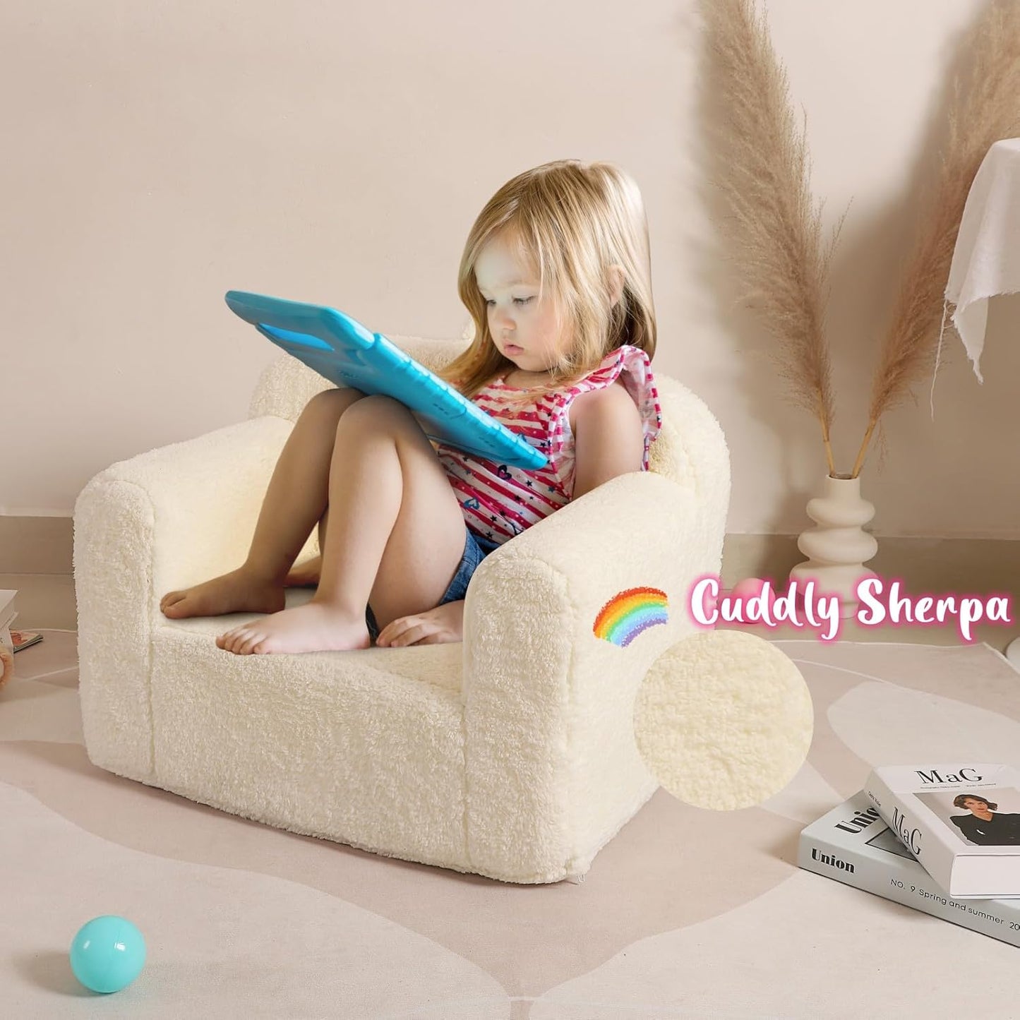 Kids Snuggly-Soft Sherpa Chair, Cuddly Toddler Foam Chair for Boys and Girls, Cream