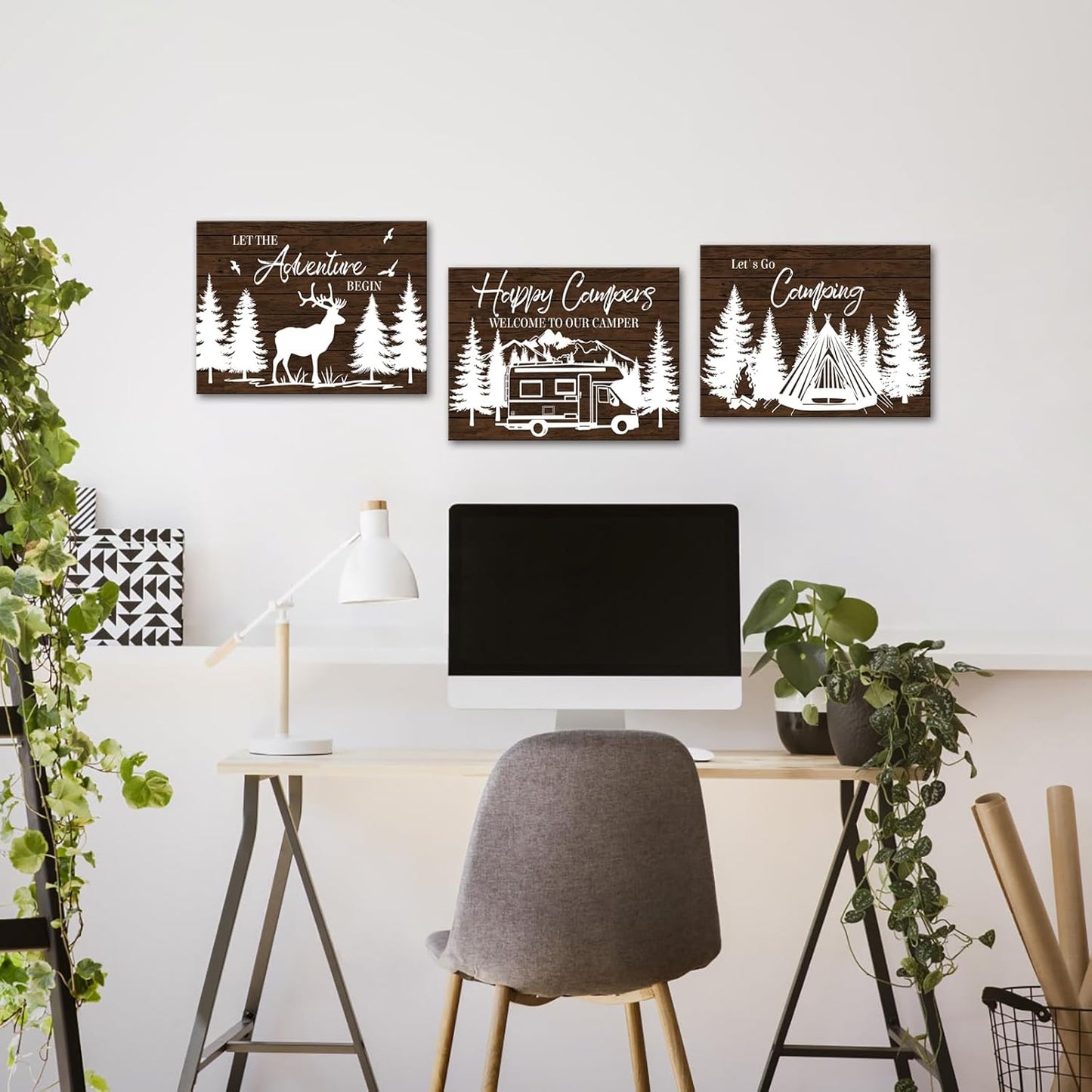 HOMEOART Camper Decor RV Wall Art Happy Campers Adventure Camping Wall Decor Sign, Deer in Forest Farmhouse Cabin Decoration,Framed 12x16inchx3Piece, Rustic Brown