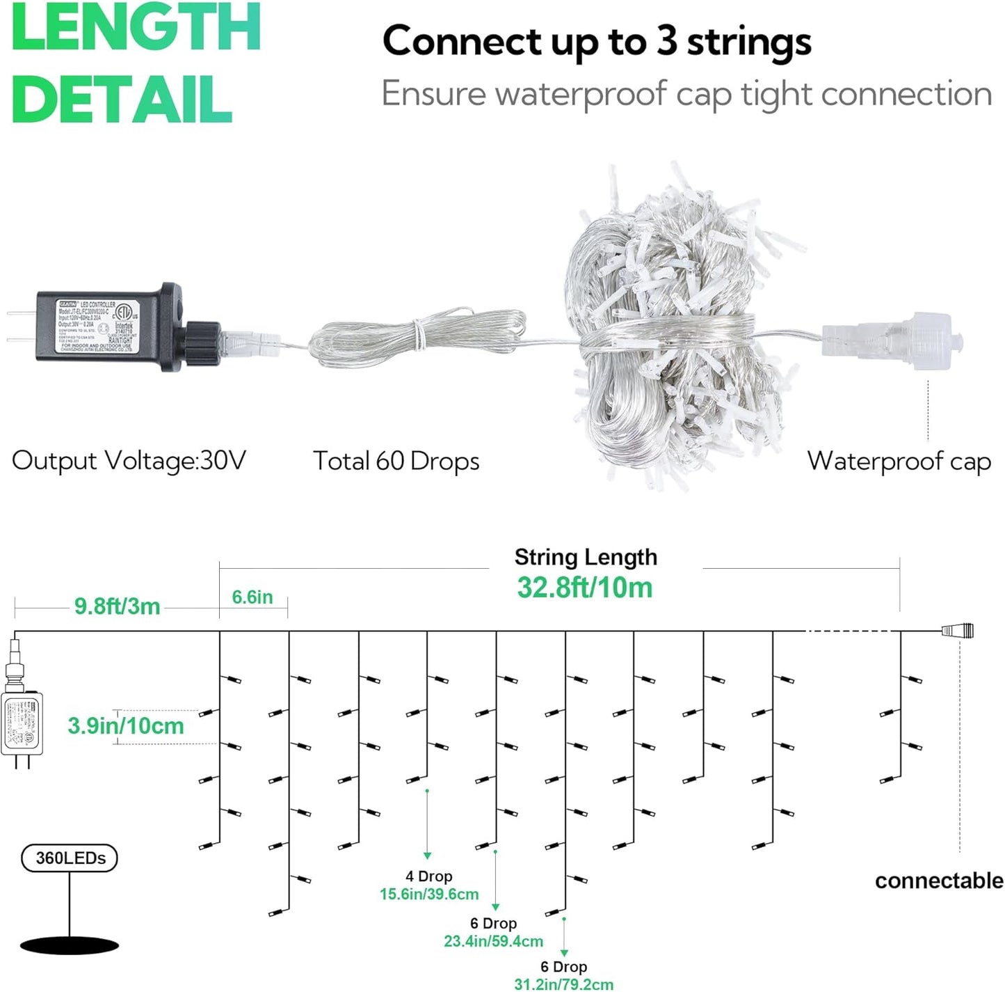 Hopolon 33FT 360L LED Christmas Icicle Lights Outdoor Waterproof,8 Modes Plug in Curtain String Lights with 60 Drops,Christmas Lights for Wedding,Party,Bedroom,Home,Garden,Wall Decorations(Green)
